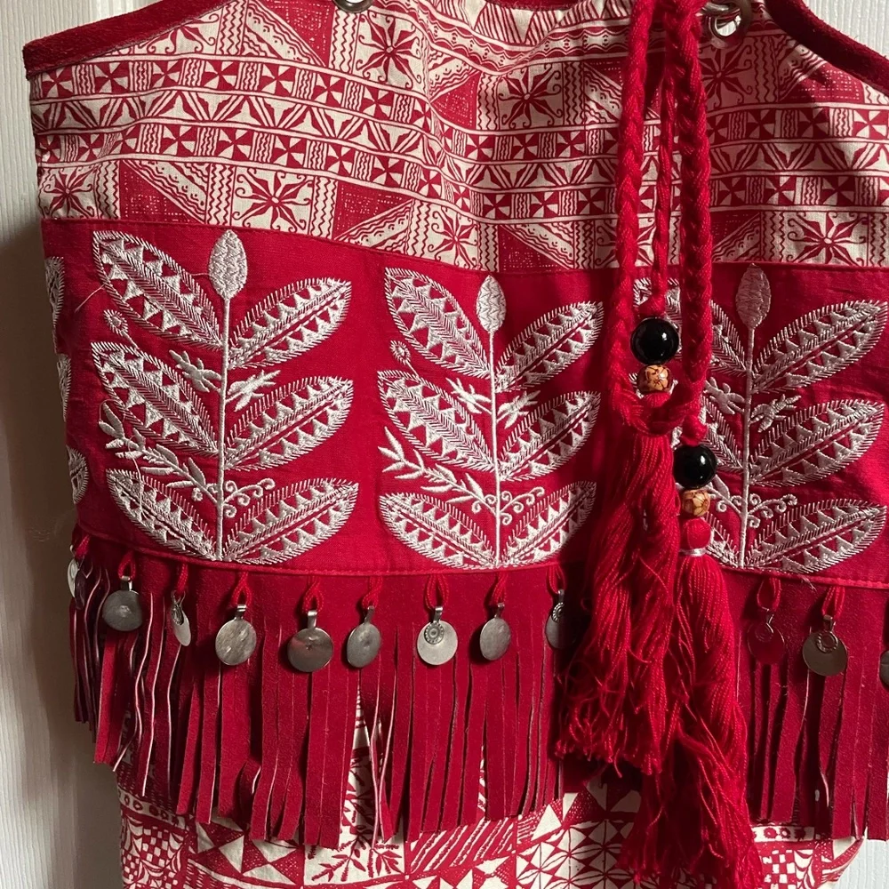Boho Red Cotton Enbroidered Bag with Coin Detailing - Picture 2 of 6